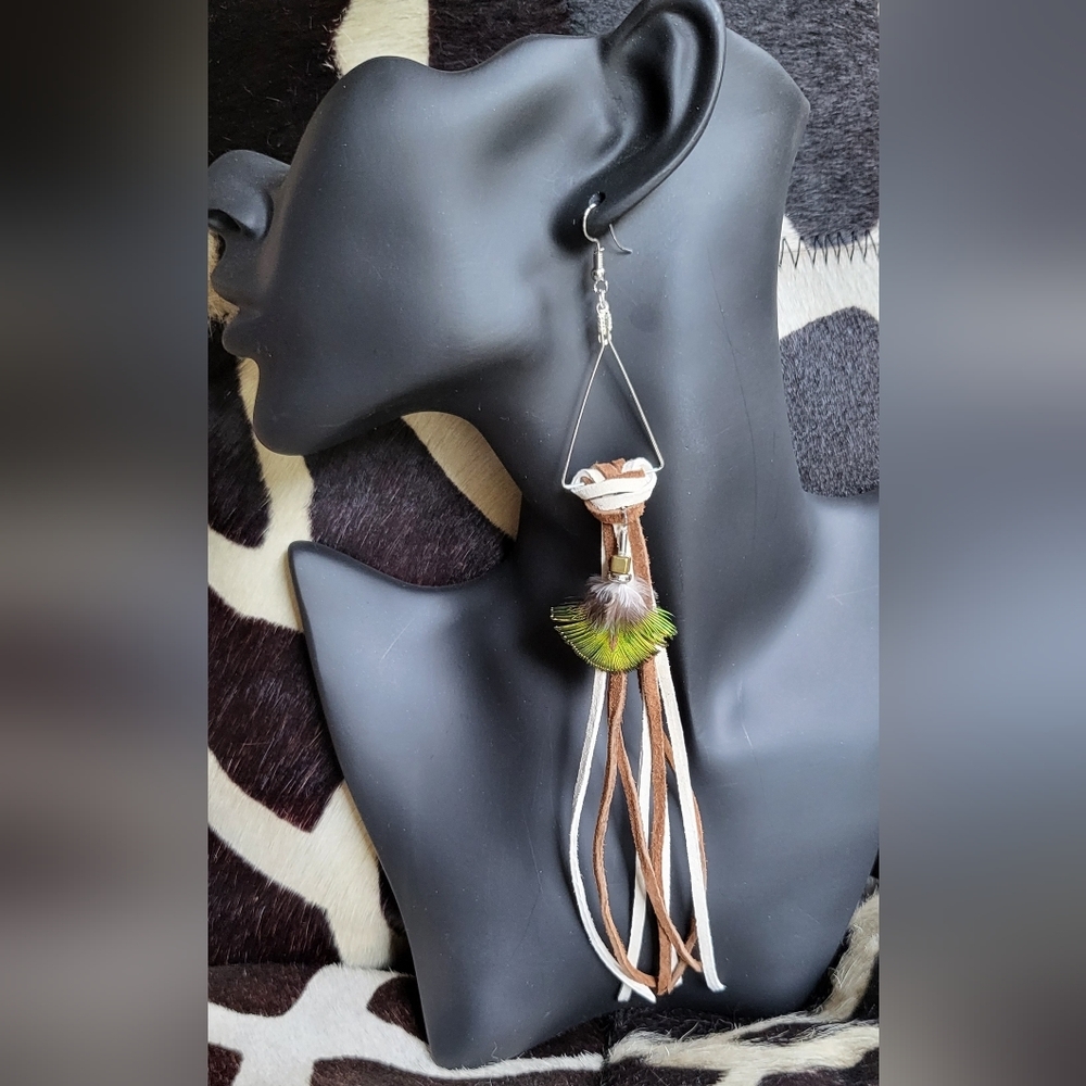 Western style Peacock feather and cream and brown genuine leather fringe tassels